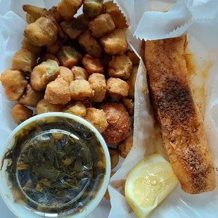 Grilled salmon, greens, fried okra and hush puppies