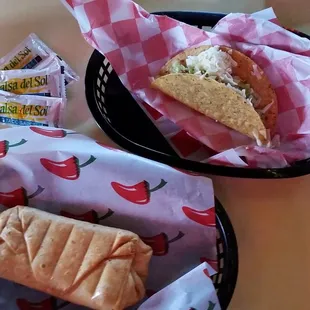 Chicken California burrito and ground beef tacos