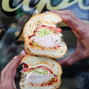 Roasted turkey sub on seeded Italian bread