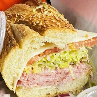 Excellent Italian sub. Perfect Italian seeded roll. Not too soft, not too hard. Chewy and holds up to the meats and dressing.