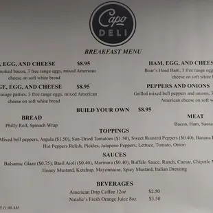 Capo Italian Deli breakfast menu.