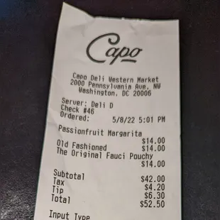 the receipt for the restaurant