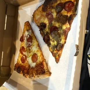 A Pepperoni Pizza Slice and a Supreme Slice.