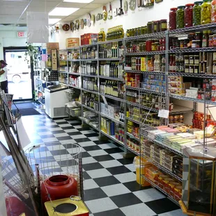 a grocery store with a checkered floor