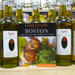 a row of bottles of olive oil