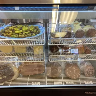 a display case filled with food