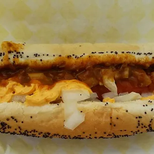 Chili, cheese &amp; onion dog.