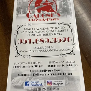Menu cover for Capone's Pizza restaurant