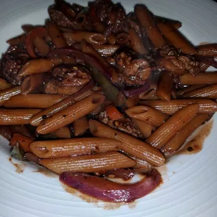 Sausage with too much wine and penne pasta