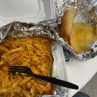 Spicy Chicken Alfredo! Amazing. Bread and Alfredo is unlike any I&apos;ve ever had! Delicious. 10/10 would recommend. Amazing price as well.