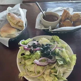 Salad, bread, toasted ravioli! I had the lunch spaghetti with a meatball as well. Photo didn't happen.