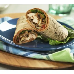 a blue plate with a wrap on it