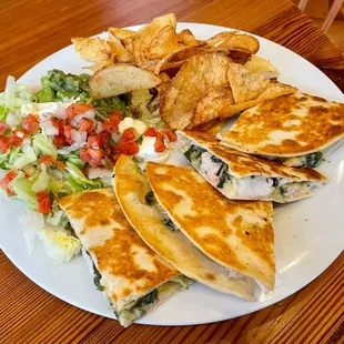 Shrimp, spinach, and Brie quesadilla with homemade potato chips