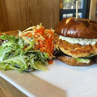 Salmon burger with dill-caper remoulade and house salad