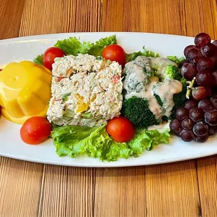 Country Club Chicken Salad with fruit, broccoli, and mango gelatin