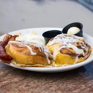 Cinnamon Swirl French Toast with Eggs and Bacon