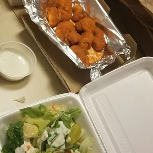 7" Sausage Pizza, Hot boneless wings, and antipasto salad with ranch.