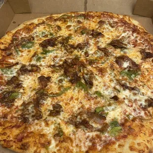 Large New York Style Pizza with bacon and green peppers
