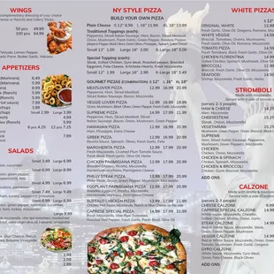 Wings, Appetizers, Salads, Pizza, White Pizzas, Stromboli, Calzone
