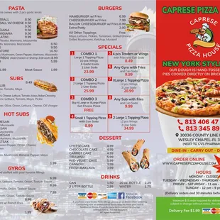 Pasta, Subs, Hot Subs, Gyros, Burgers, Specials, Dessert, Drinks, Phone number, Address