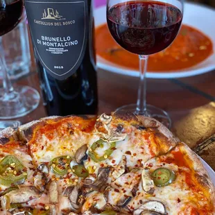 Pizza and wine! Both delicious!