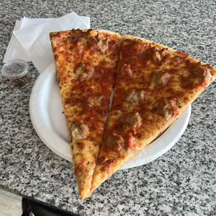 Gigantic sausage pizza slice.  Cut in half.  That&apos;s a 10&quot; plate!