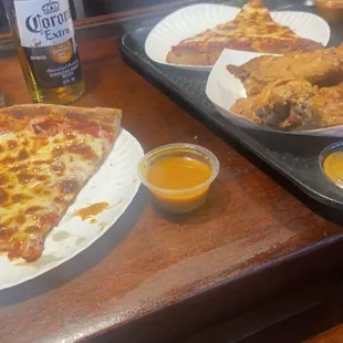 2 slices of cheese pizza and 6 wings with homemade honey mustard
