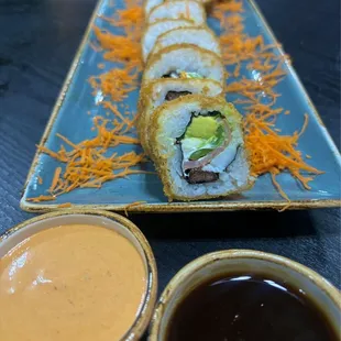 Interesting roll, but still loved it! Skirt steak Cream cheese Avocado  Bacon wrapped Serrano