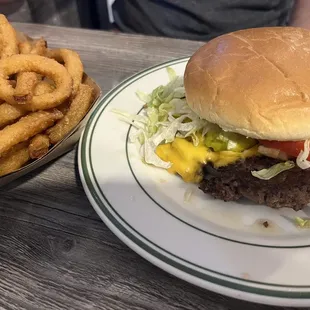 Rod's cheeseburger and onion rings