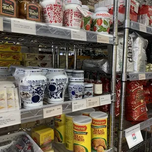 a shelf of food items