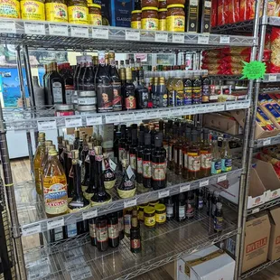 a variety of beverages on shelves