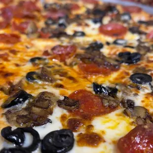 Pepperoni, mushroom, and black olive