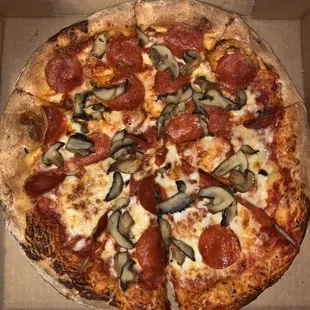 Pepperoni, mushroom pizza
