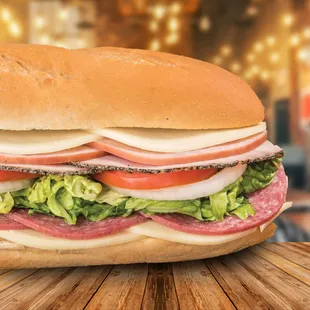 a large sandwich on a wooden table
