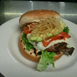 Cali burger,  pepperjack cheese, roasted red bell pepper, avocado, crispy shallots, red pepper aioli