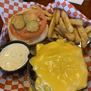Cheeseburger with grilled onions and mushrooms