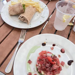 Shrimp salad wrap and tuna and watermelon salad.
