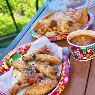 Pepper parmesan wings, pulled pork nachos, and Walts chili