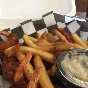 Shrimp, fries and pasta salad
