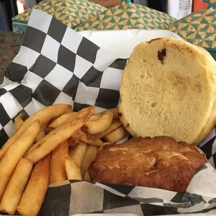 Crab cake sandwich and fries