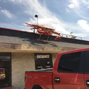 a red truck parked outside