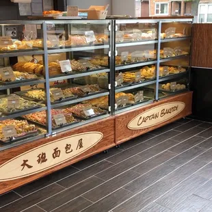 a display case full of baked goods