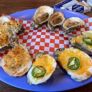 Clockwise: Benny&apos;s Baked Oyster, Nacho Bake Oyster, Parm Bake Oyster