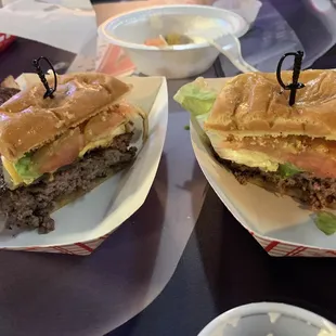Half lb bacon cheeseburger split. Excellent and grilled on flat top!