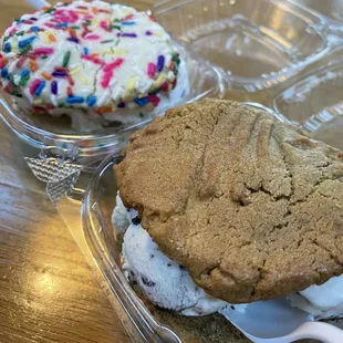 Funfetti Cookie with ice cream and a chocolate chip cookie - peanut butter cookie combo with cookies and cream ice cream.