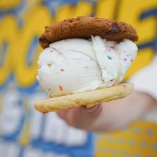 a hand holding an ice cream sandwich