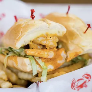 a close up of a sandwich and french fries