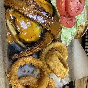 Pork Belly Burger with Onion Rings