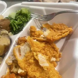 Flounder was overcooked, and the pieces were not of equal size.