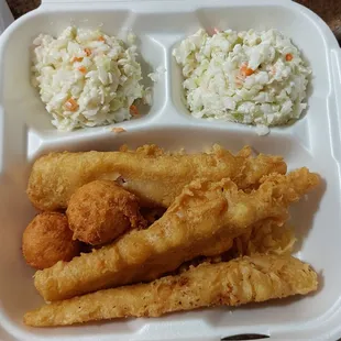 Three piece fish meal with two side of coleslaw $10.09. Coleslaw was terrible, not like it used to be
